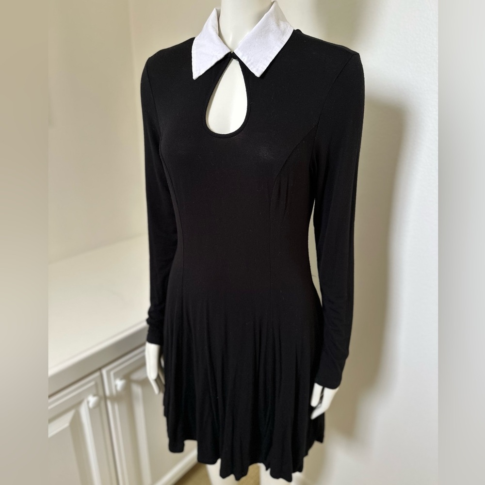 Wednesday Addams Black Collared Long Sleeve Skater Dress with Button